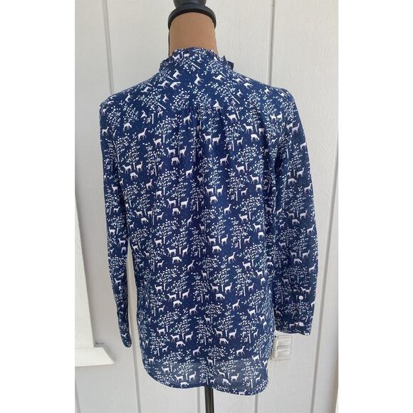 J. Crew Women's Blouse Navy Blue‎ Deer Print Button Woodland Popover Size 00 - Picture 6 of 15